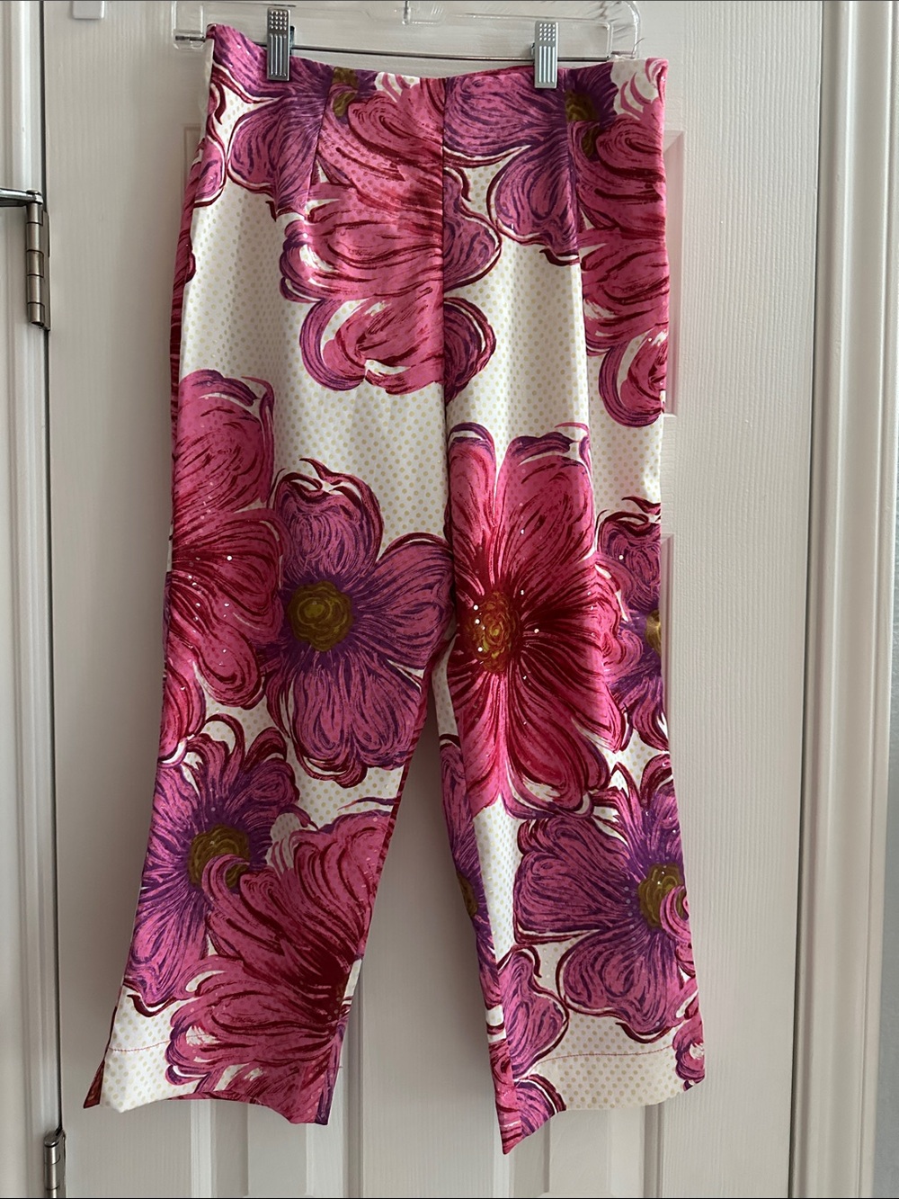 Vintage 90s Floral Sequins Capri Pants Stretch Women’s 10 Boho Artsy Statement